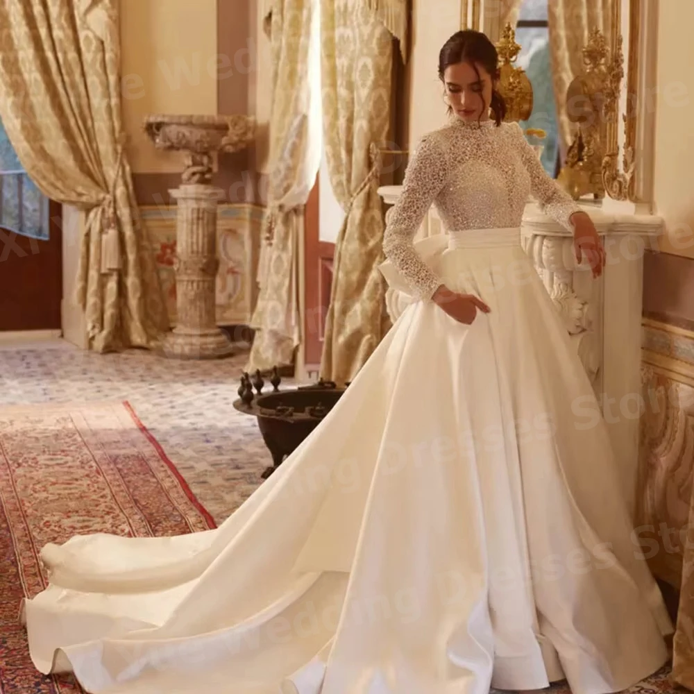 Brilhante uma linha feminina alta pescoço sem costas vestidos de casamento novia manga longa rendas vestidos de noiva personalizado robe de mariée