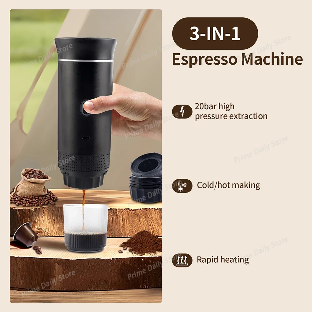3-in-1 Portable Coffee Brewer Wireless Capsule Espresso Maker Travel & Home Use Auto Coffee Machine
