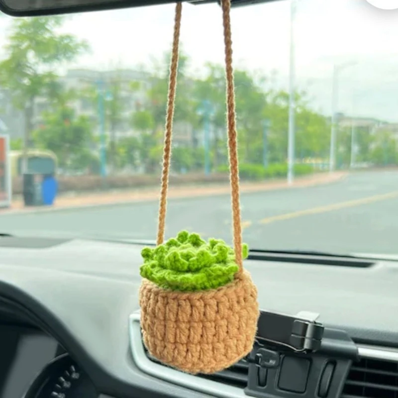 Multi-style Cute Potted Plants Crochet Car Mirror Hanging- Accessories Cute Car Accessories for Women Men Handmade Gift