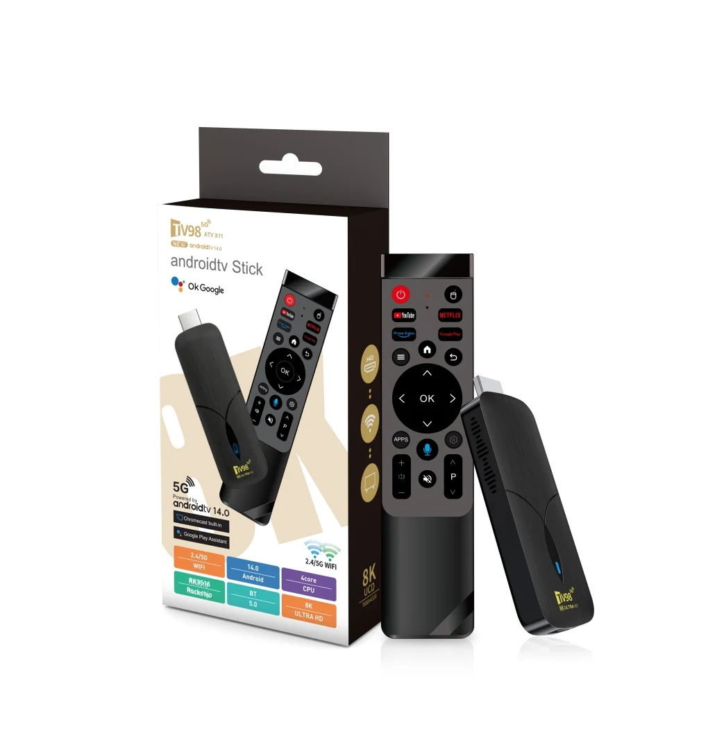TV98 ATV X11 TV Stick 4K UHD Dual-Band WiFi6 BT5.0 Spraakafstandsbediening Streaming Media Player