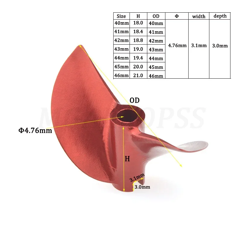 CNC aluminium czerwony 4.76mm 3/16\'\' śmigło 2 ostrza śruba lewa/prawa D40/41/42/43/44/45/46mm 1 szt. dla RC łódź dla kota łódź z krewetkami