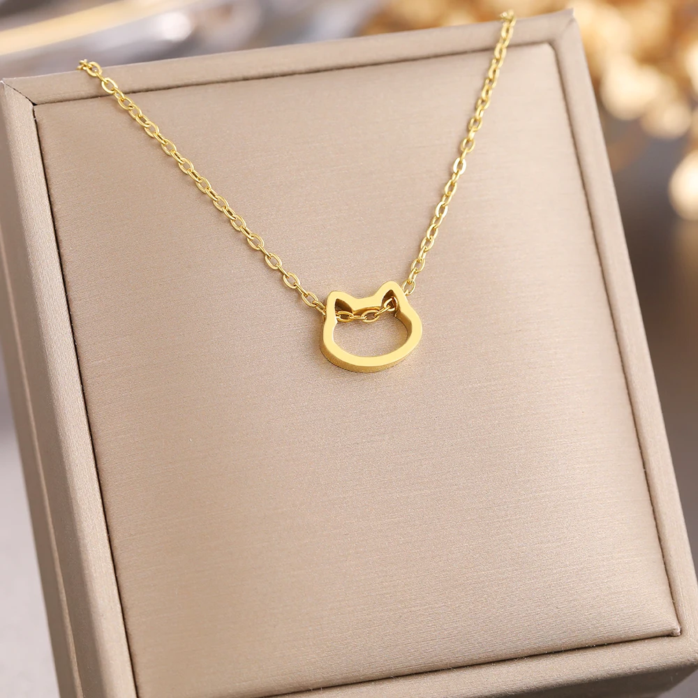 Stainless Steel Necklaces Cute Cartoon Kitten Cat Pendants Girl Chain Kpop Choker Fashion Necklace For Women Jewelry Fine Gifts