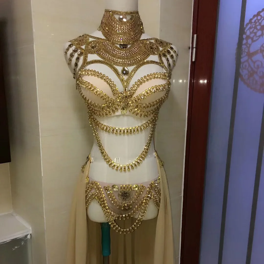 

Rhinestone Embellished Chain Bikini Set Shiny Stage Costume Women Nightclub Dance Show Wear Sheer Mesh Trailing Outfit