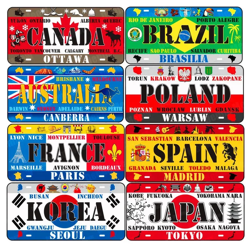 Brazil Korea Japan Canada Metal Plate Car Motorcycle Metal Signs Bar Cafe Home Decor Mexico India Germany Wall Painting ZSS22