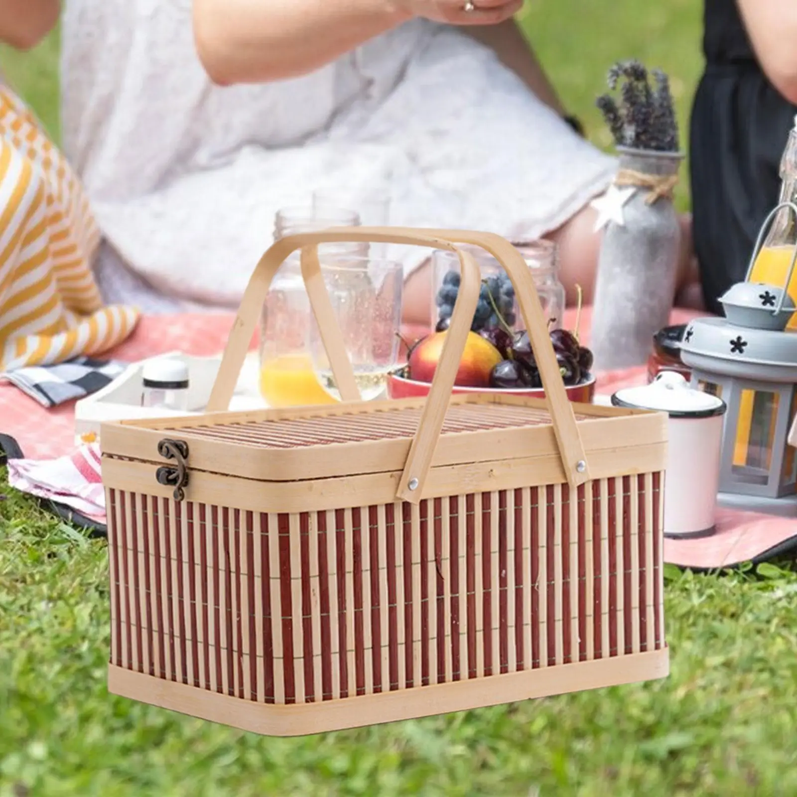 Gift Basket Practical Versatile Organizer Bin with Cover and Handle Bamboo Handwoven for Snacks Bread Pastry Mooncake Fruit