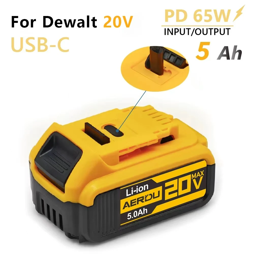 5.0Ah Type-C Battery Replacement for DeWalt 20V Max DCB205 DCB204, 1/2/4-Pack 18650 Li-ion Real 5000mAh Power Bank