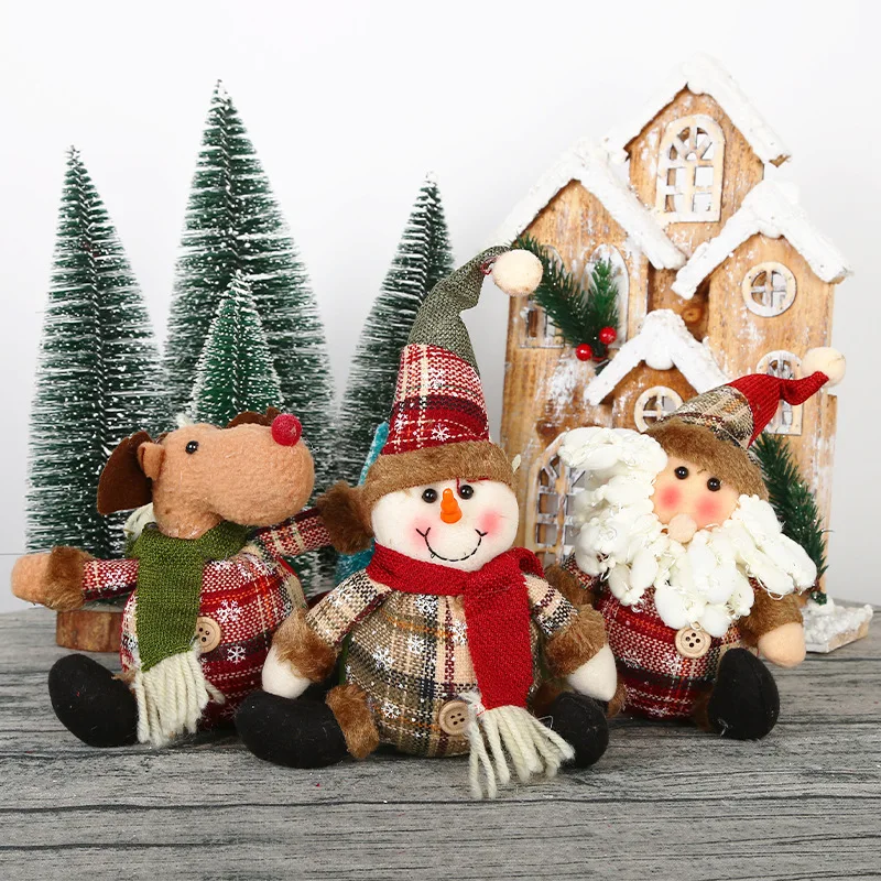 Christmas Decoration Crafts Snowman Plush Doll Plaid Fabric Button Decor Ornament For Home Xmas Tree Party Indoor Decoration