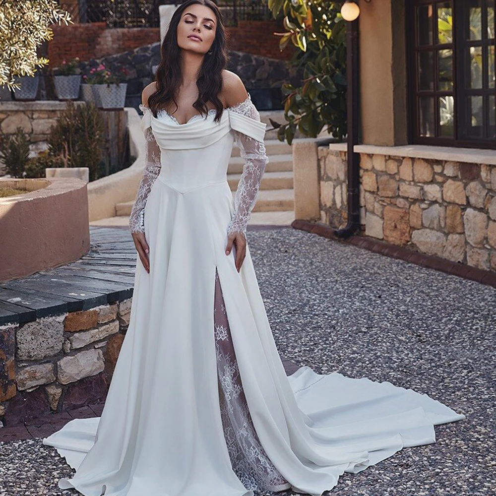 

Customized Cowl Neckline Boho Wedding Dress Off the Shoulder Lace Courthouse Bridal Gown A Line Side Split Vestido De Noival