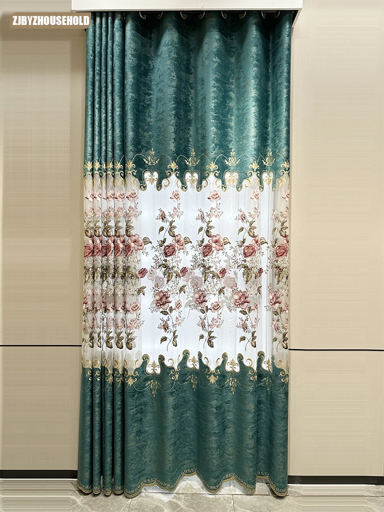 

Customized Size American Chinese Luxury Large Hollow Villa Living Room Embroidered Curtains Gauze Finished Floor Floating Window