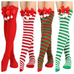 1 pair of girls, teenagers, bow Christmas socks, ball socks, knee high socks, long stockings, Christmas striped stockings