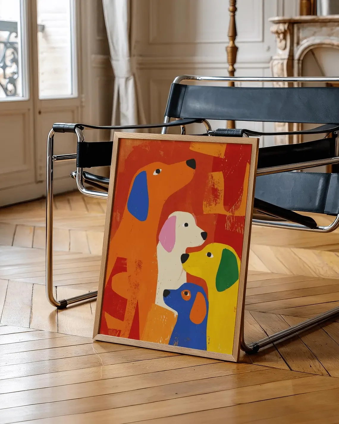 Vibrant Colorful Dog Quartet WALL ART PRINT DECOR – Playful Abstract Canine Painting, a Cheerful Statement Piece for Kids' Be