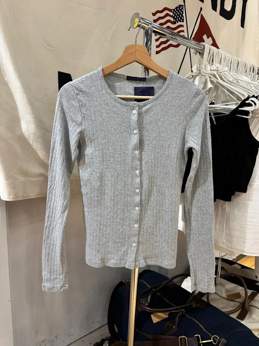 

Eyelet Gray Long Sleeve T-shirt Cardigan Women Lace Trim O-neck Single Breasted T-shirts Sweet Preppy Style Vintage Outerwear