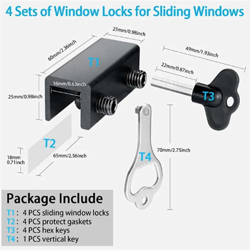 4 Sets Window Locks, Sliding Window Locks with Key for Vertical & Horizontal Sliding Windows Doors, Security Window Lock