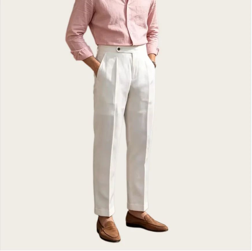 Men's Linen Casual Dress Pants Elastic Waist Lightweight Loose Fit Pleated Slacks Summer Beach Business Work Trousers Daily Wear