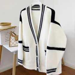 Korean Fashion Single-Breasted Sweater Women Contrast Color Striped V-Neck Knit Cardigan Female All-Match Loose Sweaters Coats