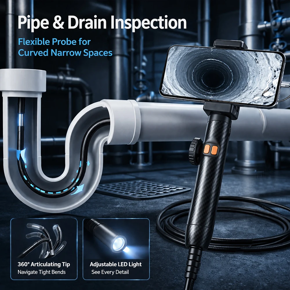 SIHAO 360° Bidirectional Rotating Borescope IP67 Waterproof 6mm Probe LED Light Endoscope Compatible with Android iOS Phones