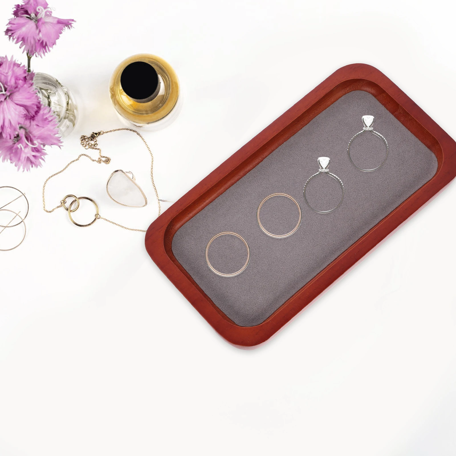 

Rustic Vintage Wooden Jewelry Display Tray 14cm Gray Earring ganizer Holder Plate Storage Pallet Dish Flannel Lined Home