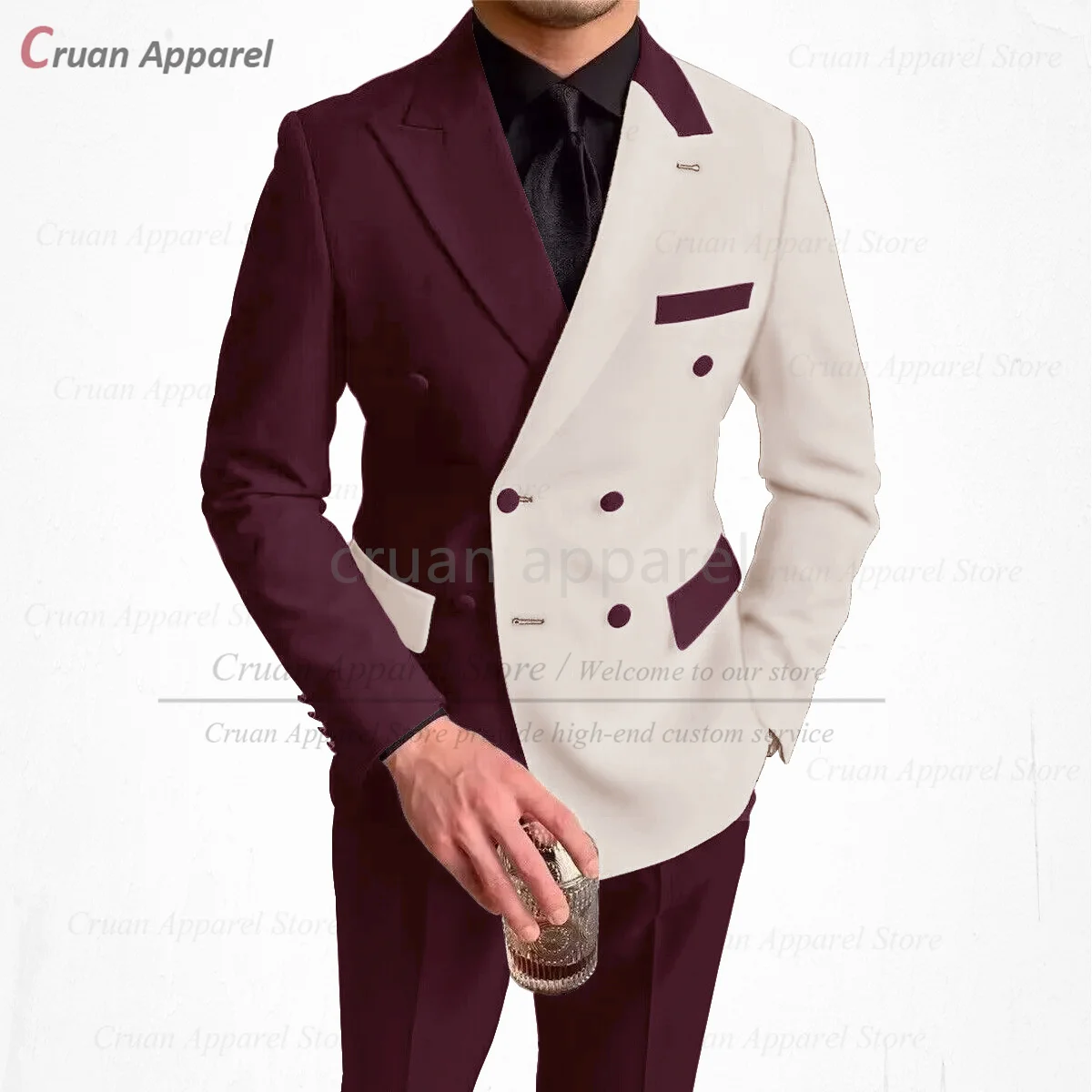 

Elegant Men Suit Sets Evening Dinner Slim Fit Blazer Pants Two Pieces Birthday Banquet Male Fashion Beige White Splicing Outfits