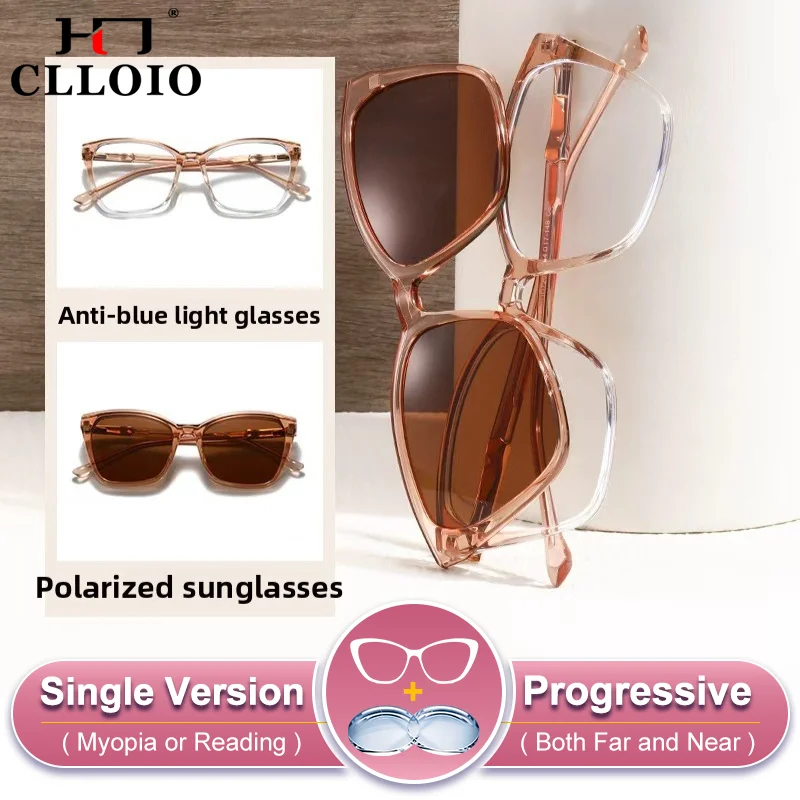 

CLLOIO Trendy Anti Blue Light Magnetic Clip Polarized Sunglasses Women Multi-functional Progressive Prescription Reading Glasses