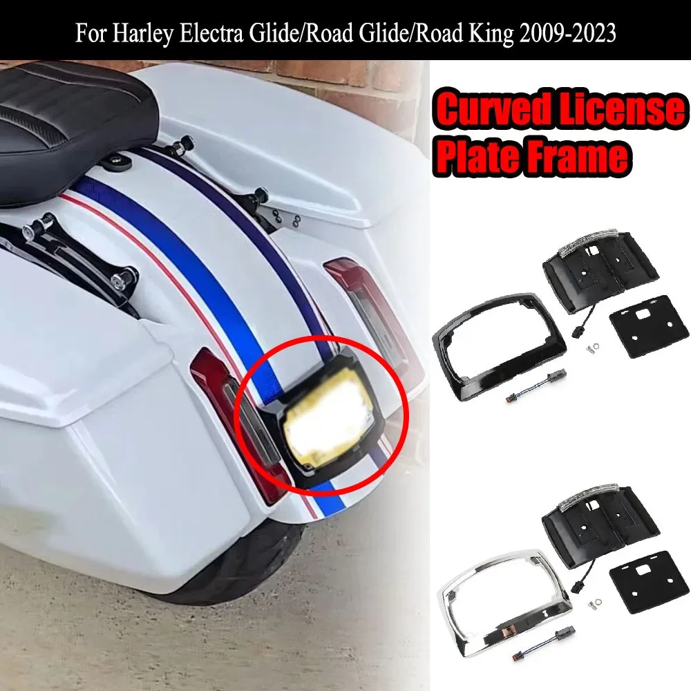 Motorcycle Curved License Plate Frame Relocation LED Light Fit For Harley Road Glide ST Electra Glide CVO Street Glide 2023 2024