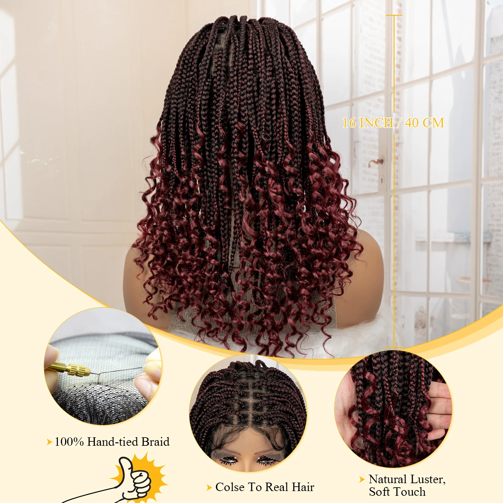 Synthetic Square Knotless Braided Wigs with Boho Ends for Women 16 Inches Synthetic Full Lace Box Braided Wigs for Black Women