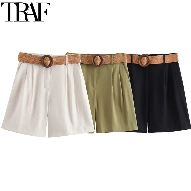 

TRAF 2024 Belt Pleated Womens Shorts High Waist Short Pants Woman Summer Bermuda Shorts For Women Casual Baggy Black Shorts