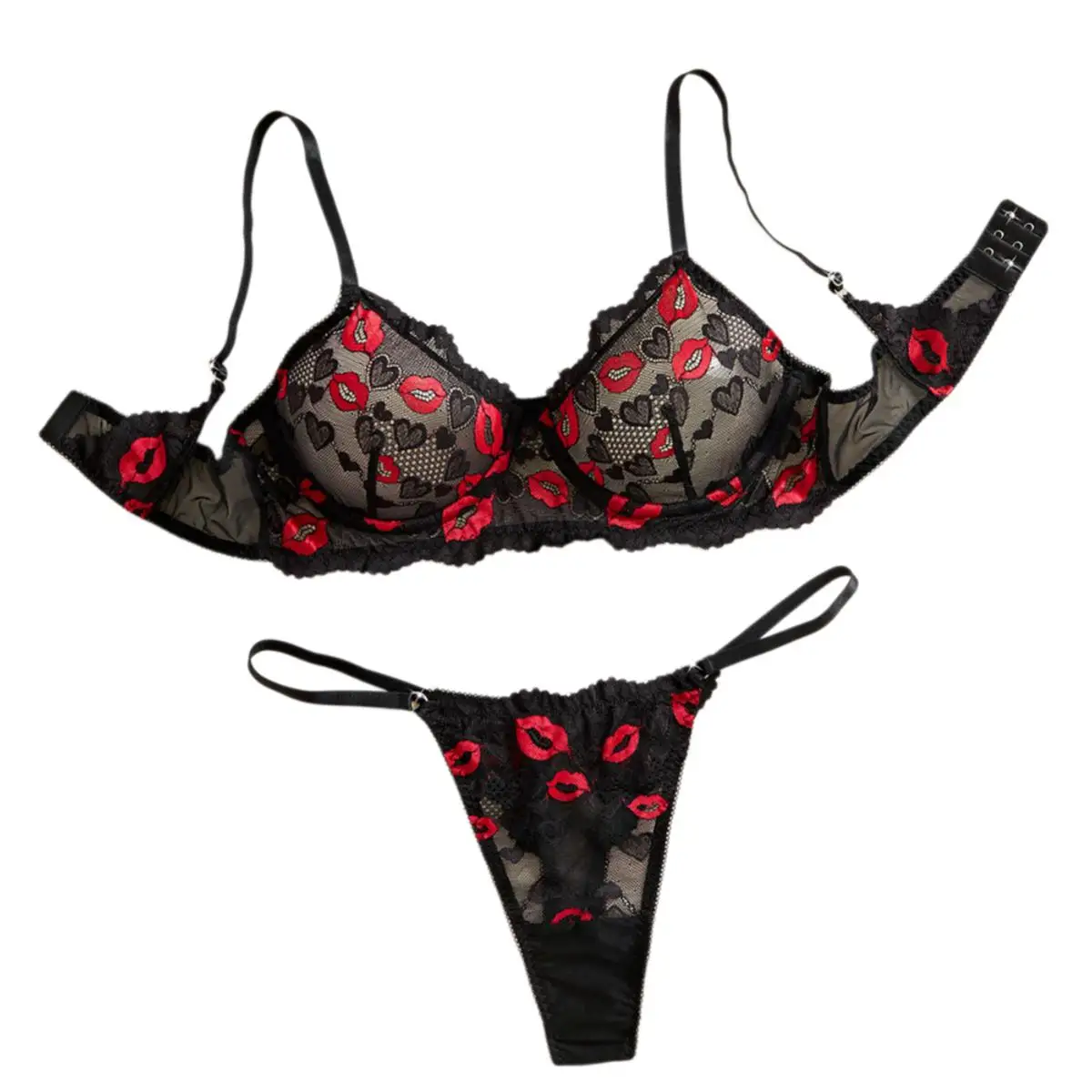 Women's Bra Set Sexy Lingerie Transparent Lace Red Lips Push Up Underwire And Thong 2-piece Sets Sleeveless Fashion Underwear