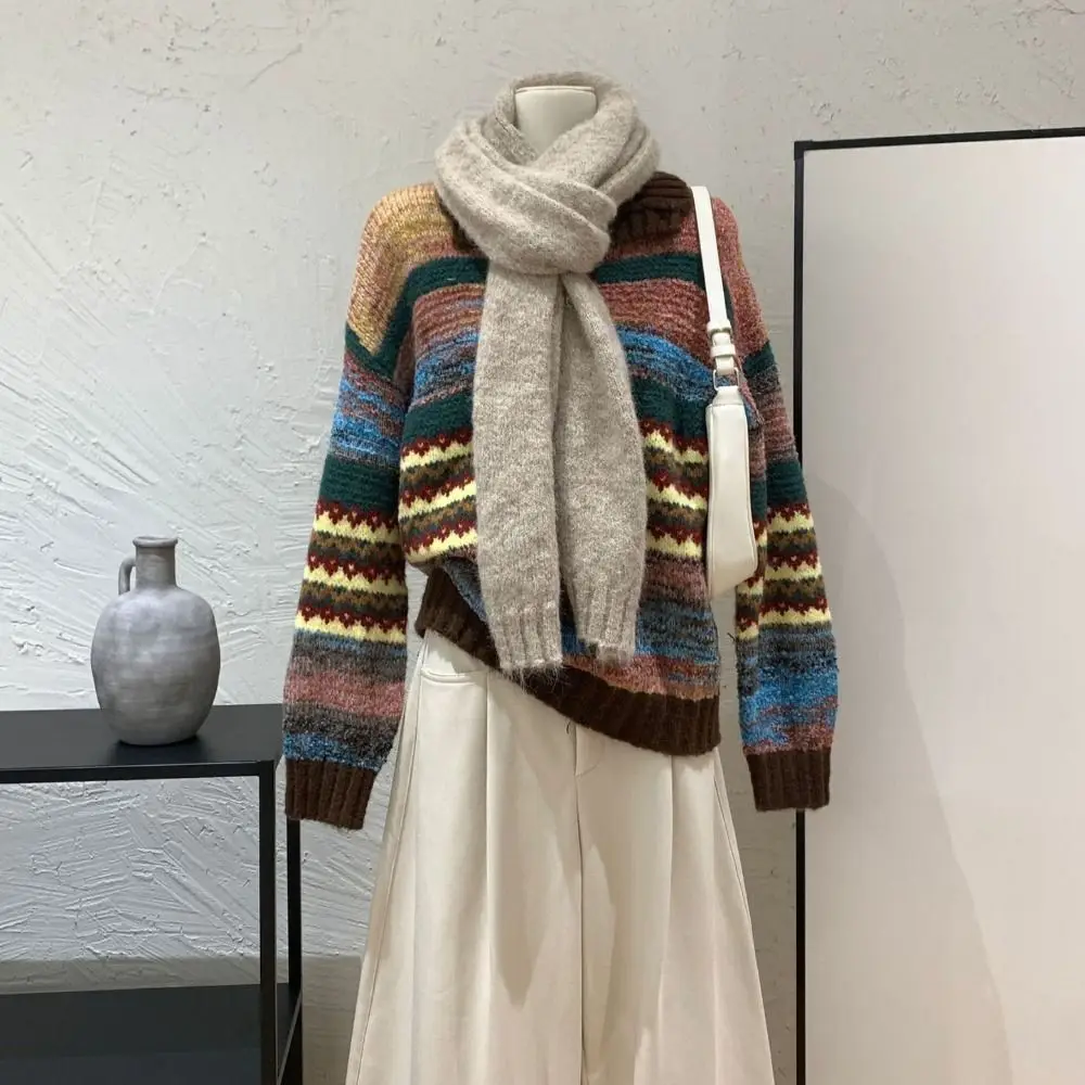 Simple Long Sleeve Knit Sweater Women Soft Loose Colorfult Crochet Knitwear Sweet Retro Winter Autumn Knitted Top Gift