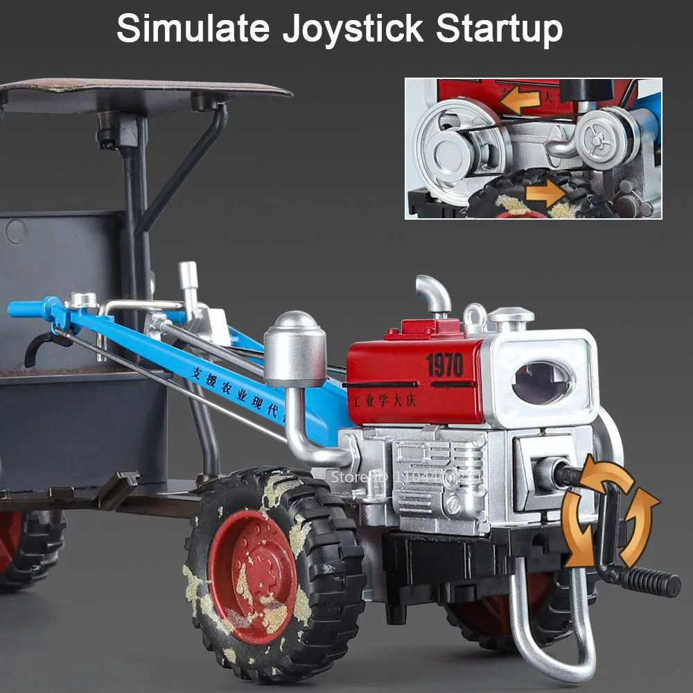 รถไถเดินตามแบบย้อนยุค 1:32 ของเล่นรถโมเดลโลหะผสมหล่อขึ้นรูป มีเสียง มีไฟ ฟังก์ชั่นปรับแต่ง ของขวัญวันเกิดสำหรับเด็ก