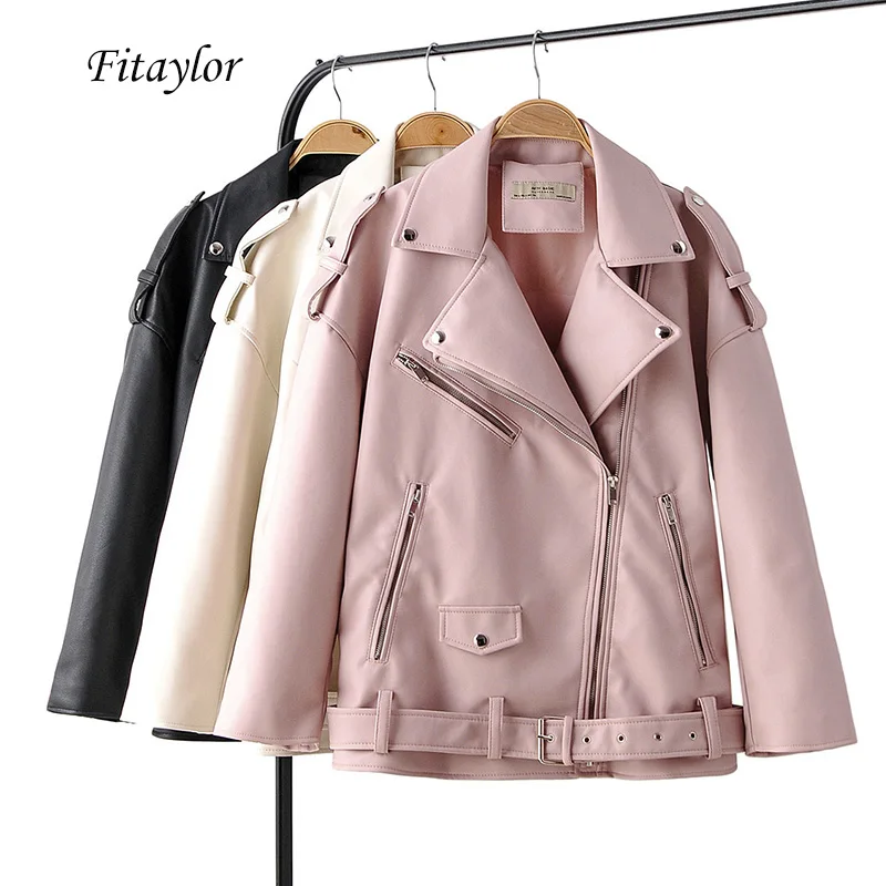 Fitaylor Autumn Women Loose Leather Jackets Turndown Collar Rivet Epaulet Zipper Biker Overcoat Female Faux Soft Leather Outwear