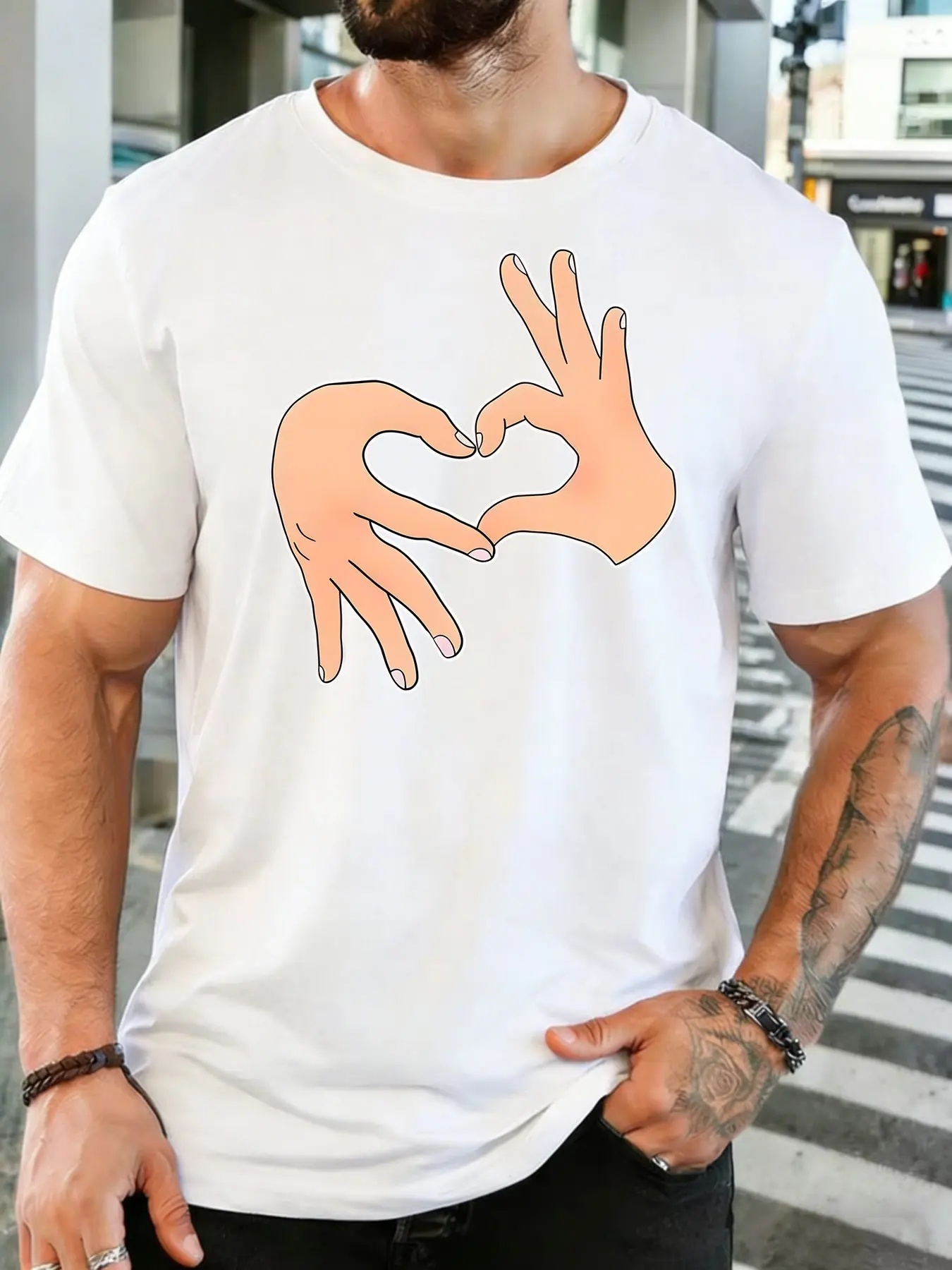 Two Hands Form Heart Shape Graphic Mens Soft Cotton Round Neck Short Sleeve Tshirt Loose Love Theme Casual Daily Street Tee