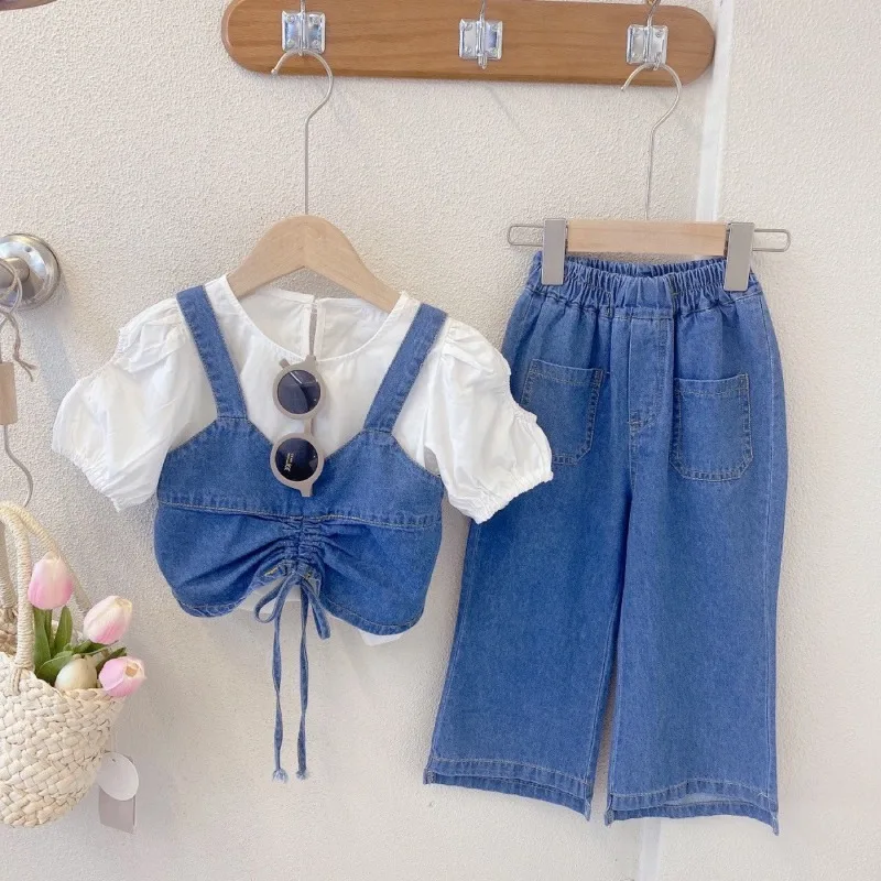 Trendy Brand Girl's Lightweight Denim Three-Piece Set Princess Shirt Camisole Wide-Leg Pants Three-Piece Toddler Cotton Set