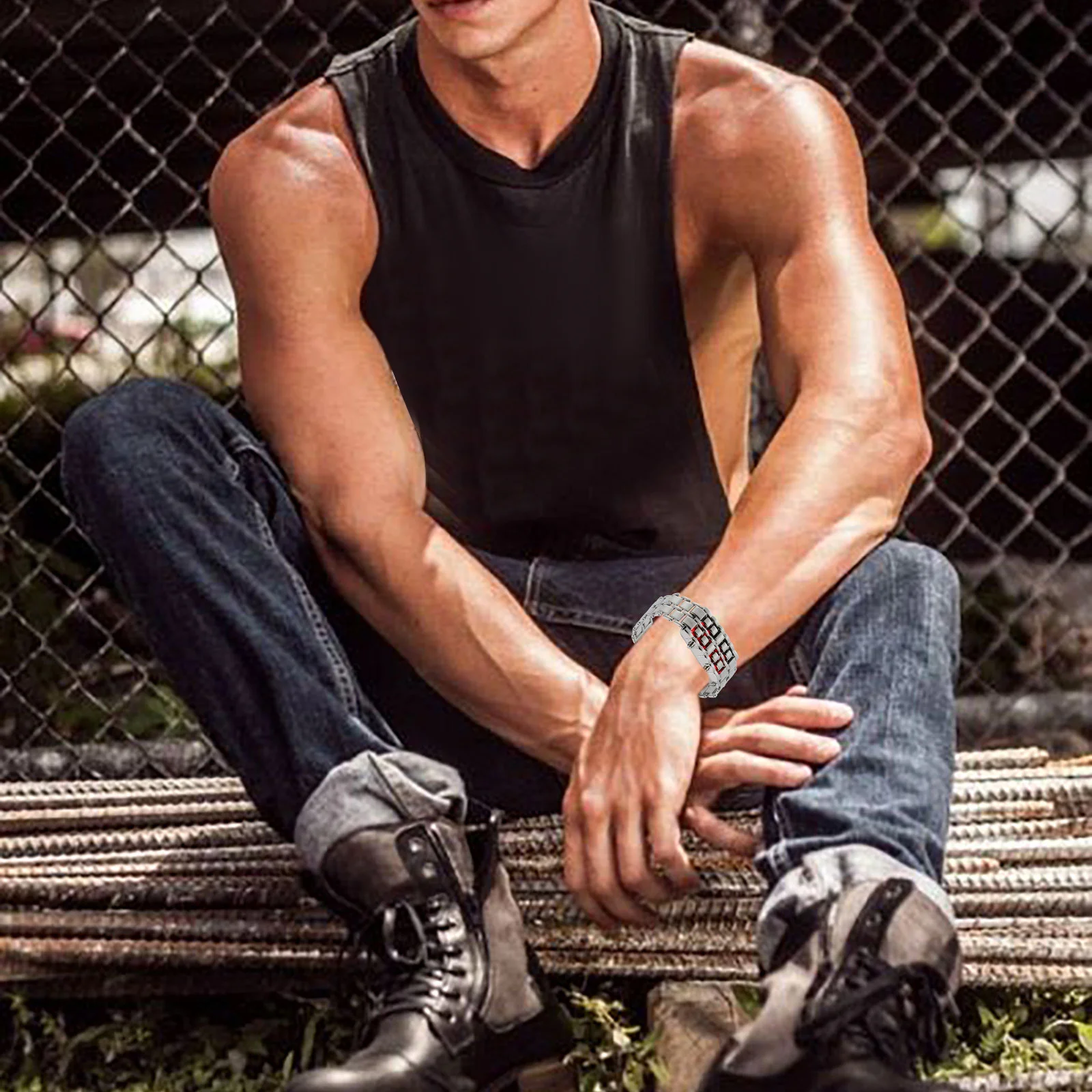 ساعة لافا ستايل LED للرجال سوار رقمي أحمر هدية كلاسيكية أنيقة تصميم سلسلة مستطيلة راقية توقيت دقيق عصري