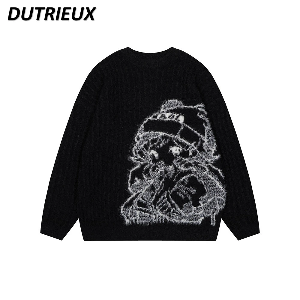 Japanese Original Sweet Girl Print Crew Neck Versatile Pullover Subcultural Loose Black and White Knitted Sweater for Women