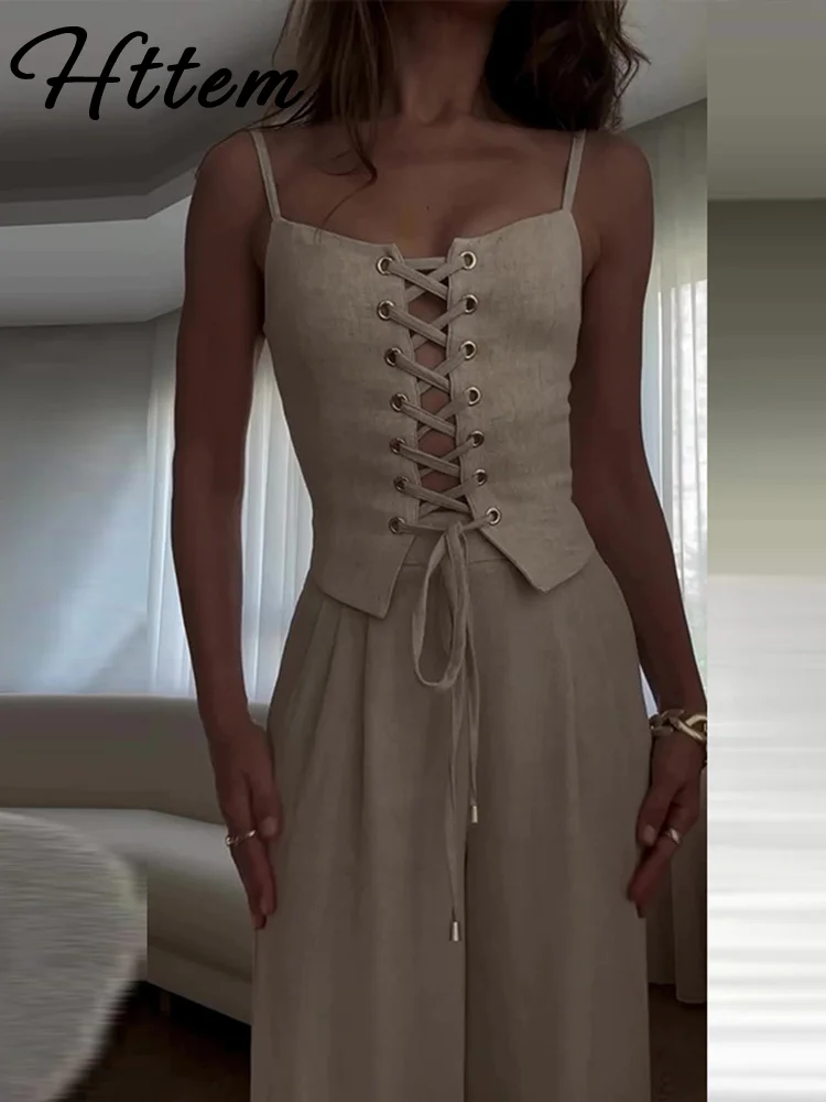 

Женский однотонный костюм с жилетом на шнуровке, летний комплект из майки без рукавов с открытой спиной и квадратным воротником, женские брюки с высокой талией и широкими штанинами, 2024