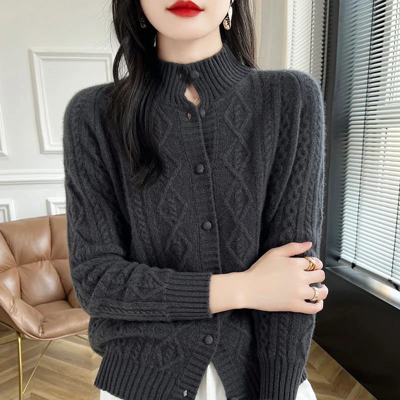 Autumn and Winter New Stand up Cashmere Cardigan Women\'s 100% Pure Wool Loose Fashion Sweater Casual Knitted Long Sleeve Top