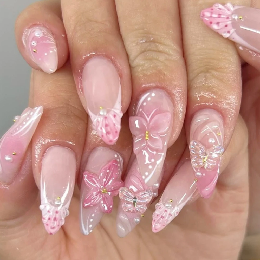 フレンチヒョウ柄グラデーションウェアラブルネイルアート 3D 花ファッション付け爪取り外し可能な完成偽爪プレス爪