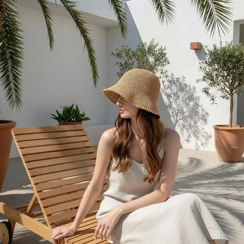 Unique Woven Women Sun Hat Solid Color Breathable Straw Fisherman Hat Foldable Visor Cap Bucket Hat Vacation