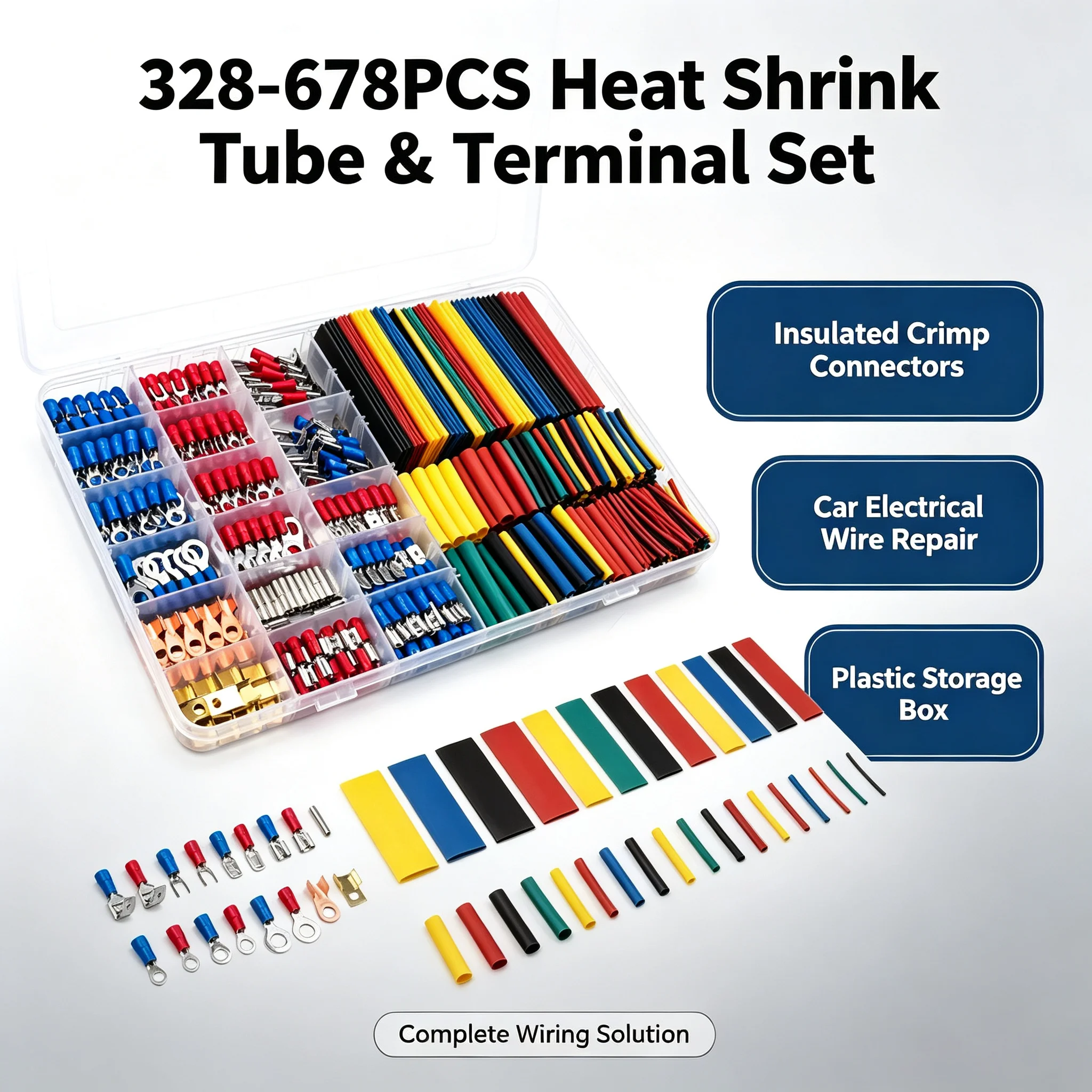 328-678Pcs Heat Shrink Tube Sleeving Set Car Electrical Wire Terminals Insulated Crimp Connectors Spade Set Kit with Plastic Box