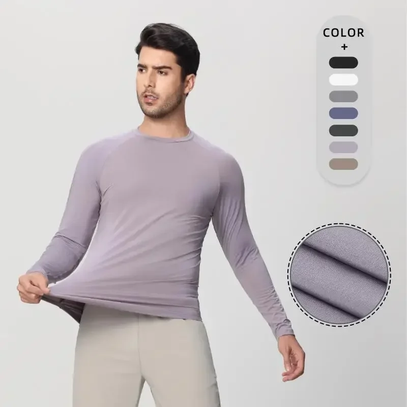 Sports Running Men Long-sleeved T-shirt Curved Hem Warm Gym Fitness Clothes Quick-drying Breathable Training Round Neck Top