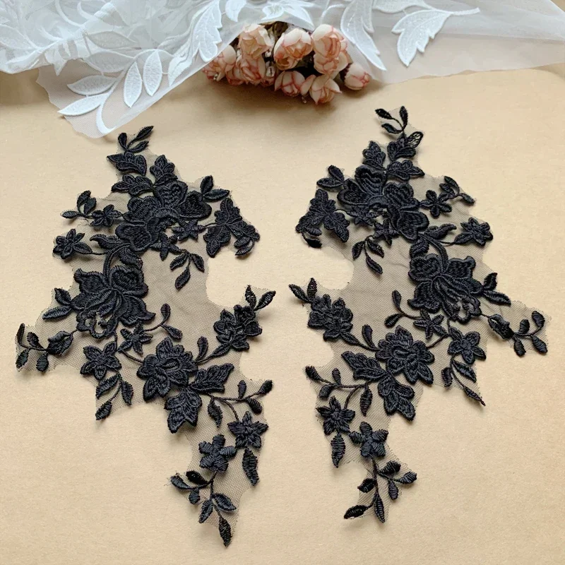 Black Rayon Lace Fabric, Mirror Flower Wedding Veil, Children's Clothing, Applique Sewing Accessories, RS4175, 10 Pcs, 5 Pairs