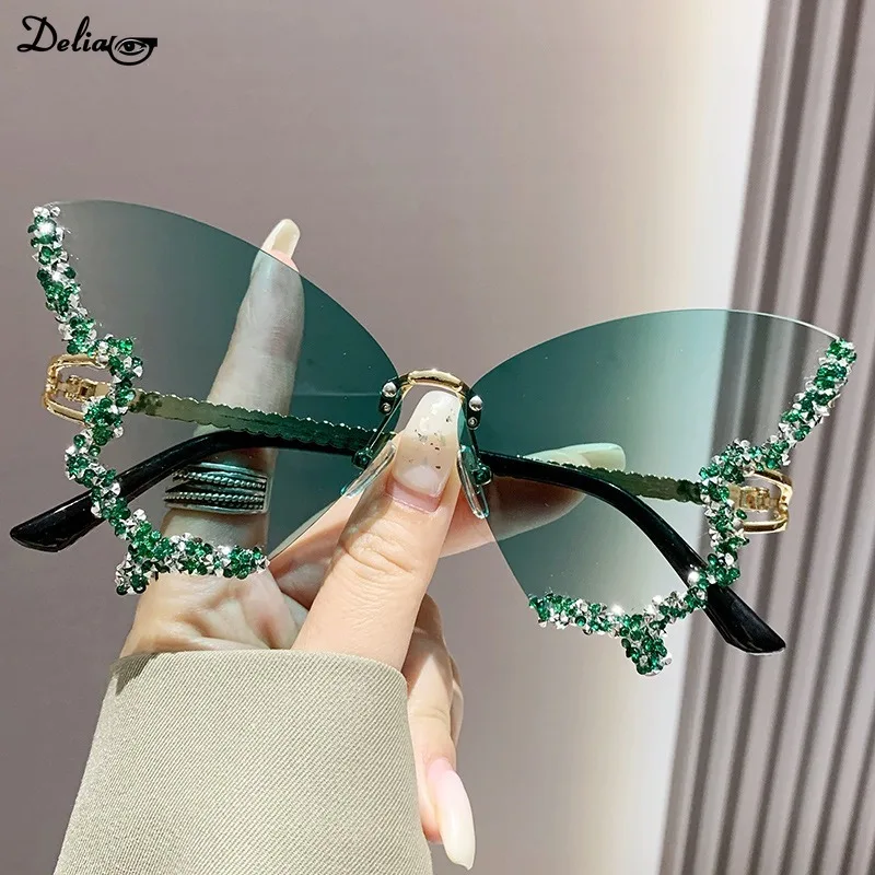 Luxury Diamond Butterfly Sunglasses Women Brand Y2K Vintage Rimless Oversized Sun Glasses Ladies Eyewear 2024 New Sunglasses