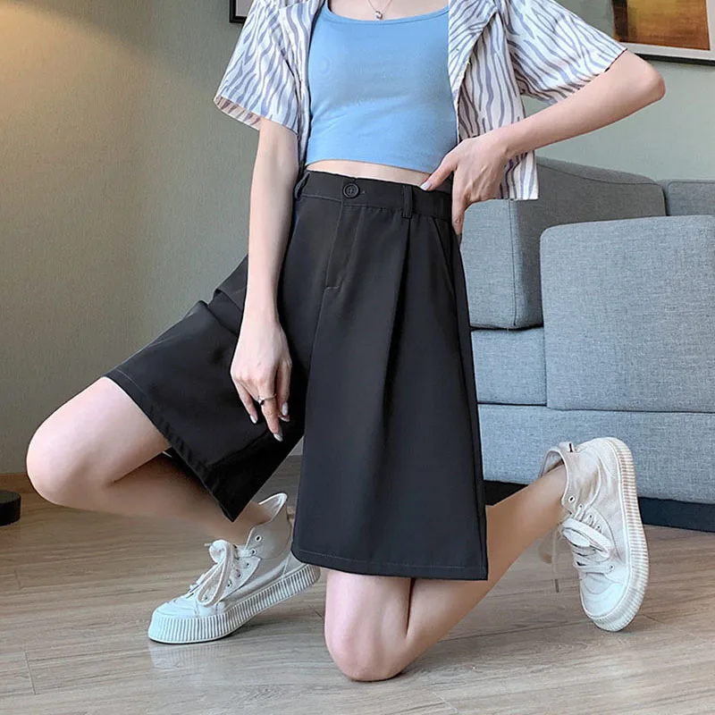 Korean Style Office Lady Suit Shorts 2025 Summer Loose High Waisted Wide Leg Shorts Woman Solid Casual Baggy Knee-Length Pants