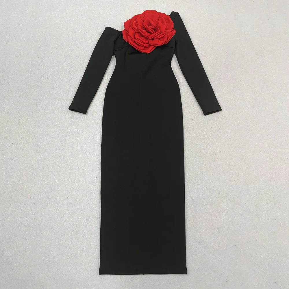 Abito lungo da donna a maniche lunghe con spalle scoperte sexy nero Abito elegante Abito da sera per celebrità Abito da ballo attillato con grande fiore rosso
