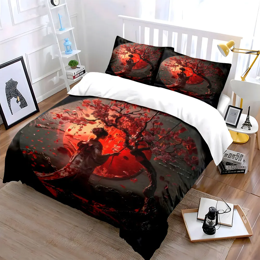 3Pcs Japanese Geisha Cherry Blossom Duvet Cover Set, Red Sakura Oriental Round Frame Bedding Single Double King Queen, Gift