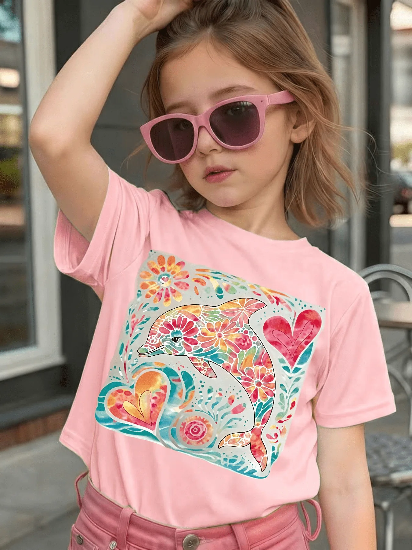 Cute Colorful Dolphin Floral Graphic Kids Tee Boys Girls Family Matching Cotton Crew Neck Short Sleeve Soft Casual Summer Tee