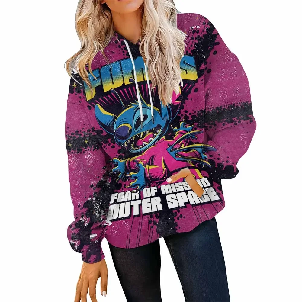 Bluza z kapturem na jesień i zimę, luźny krój, długi rękaw, nadruk Disney Stitch, jesień-zima, rozmiar plus size, zapinana na zamek, transgraniczna.