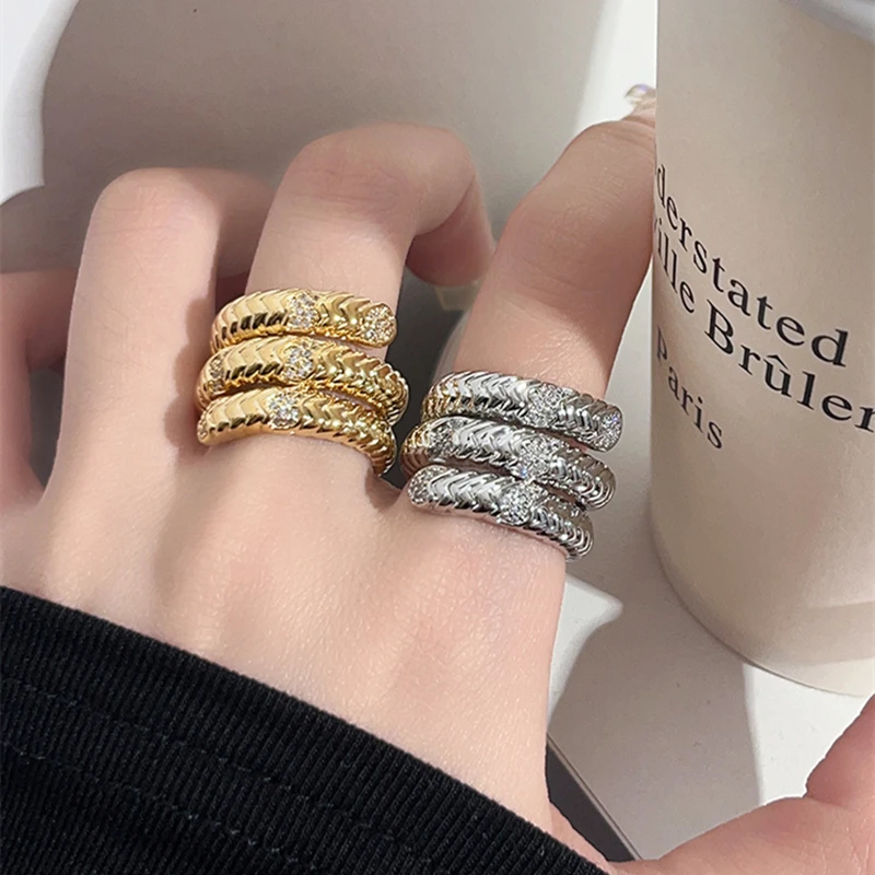 Fashion Luxury Three-layer Snake-shape Ring Crystal Zircon Finger Rings for Women Party Vintage Jewelry Couples Anniversary Gift