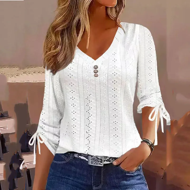 

T-shirt For Women 2023 Spring Summer New Solid Long Sleeve Drawstring Button Hollow Out V-neck Fashion Elegant Casual Female Tee