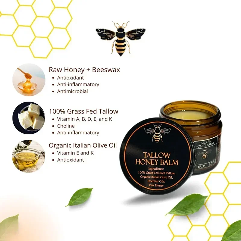 Baume Tallow de boeuf alimenté en herbe biologique, crème hydratante au miel cru pour une peau douce et lisse, hydratant entièrement naturel fait à la main